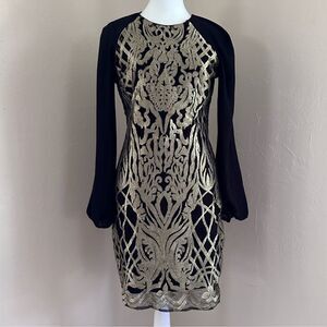 Badgley Mischka Belle Jameson Embroidered Long Sleeve Dress Gold & Black Size 2